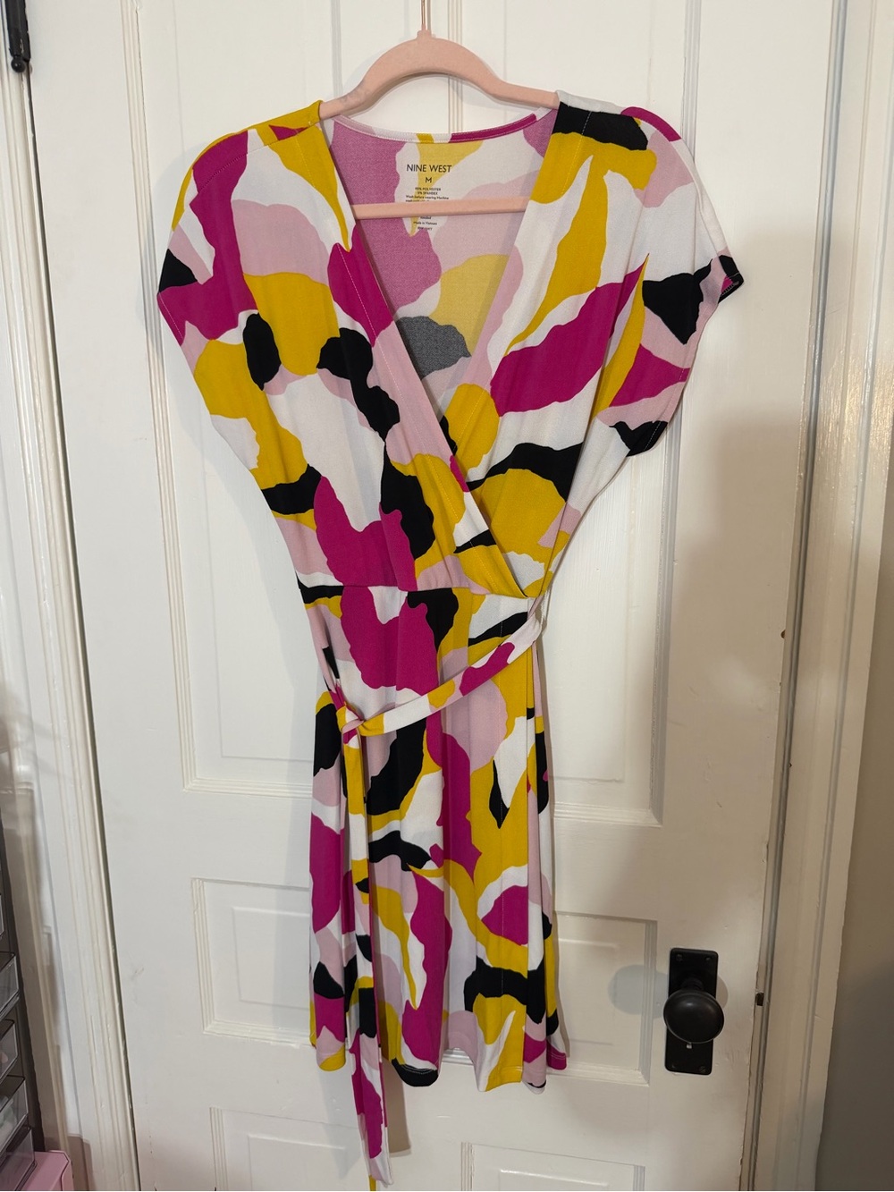 Nine West Pink, Yellow, Black & White Abstract Wrap Dress